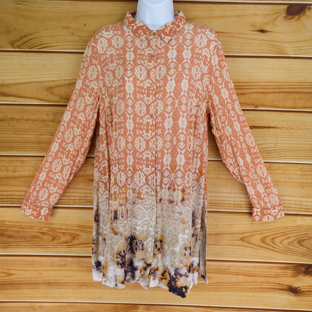 Zac & Rachel Button Up Dress Womens Sz M Multicolor Geometric Long Sleeves Slits